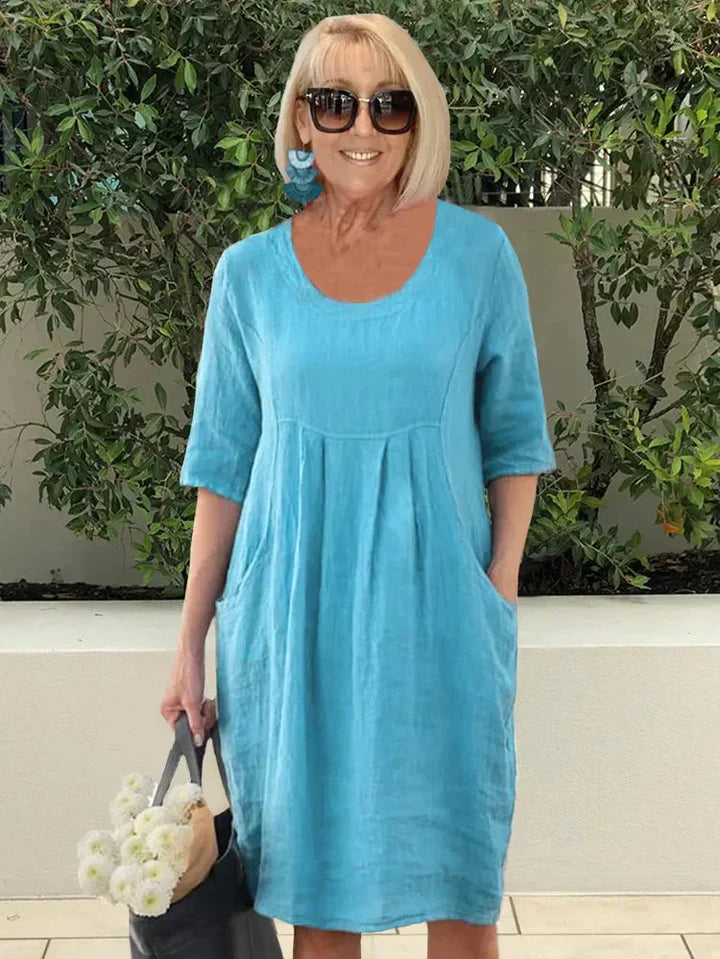 baggy cotton dress V Neck 1/2 Sleeve Gathered Loose Cotton Dress